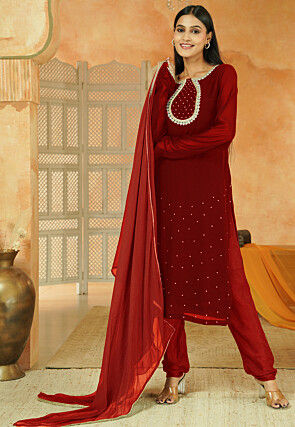 Embroidered Georgette Straight Suit in Maroon