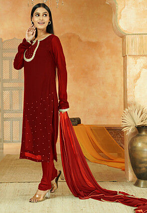 Embroidered Georgette Straight Suit in Maroon