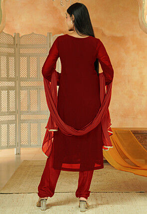 Embroidered Georgette Straight Suit in Maroon