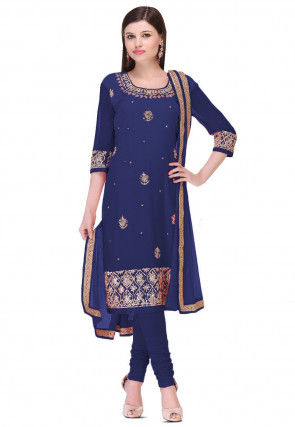 Embroidered Georgette Straight Suit in Navy Blue