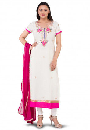 Embroidered Georgette Straight Suit in Off White