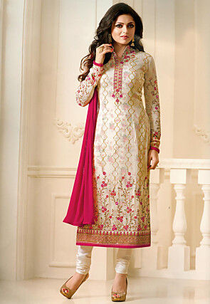 Embroidered Georgette Straight Suit in Off White