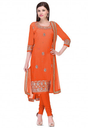 Embroidered Georgette Straight Suit in Orange