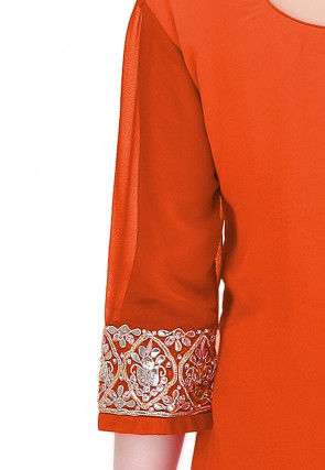 Embroidered Georgette Straight Suit in Orange