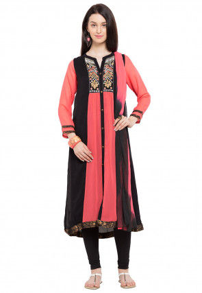 Embroidered Georgette Straight Suit in Peach and Black