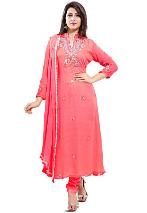 Embroidered Georgette Straight Suit in Dual Tone Pink
