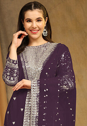 Embroidered Georgette Straight Suit in Purple