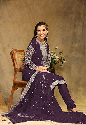 Embroidered Georgette Straight Suit in Purple