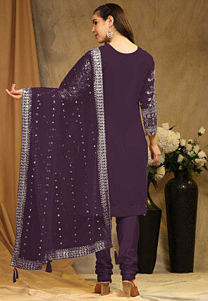 Embroidered Georgette Straight Suit in Purple