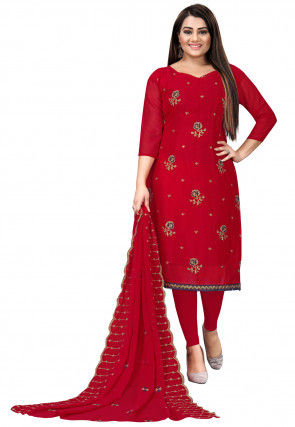 Embroidered Georgette Straight Suit in Red