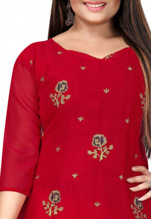 Embroidered Georgette Straight Suit in Red
