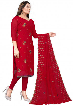 Embroidered Georgette Straight Suit in Red