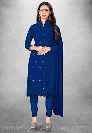 Embroidered Georgette Straight Suit in Royal Blue