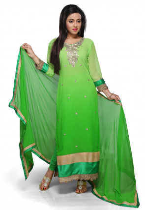 Embroidered Georgette Straight Suit in Shaded Green