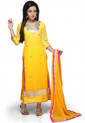 Embroidered Georgette Straight Suit in Shaded Yellow