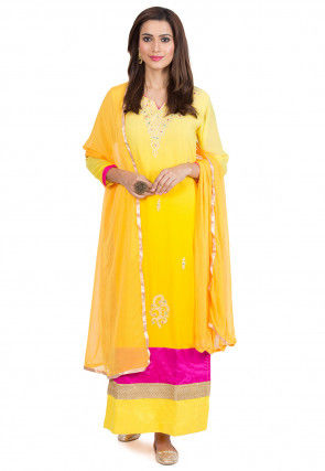 Embroidered Georgette Straight Suit in Shaded Yellow