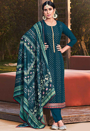 Embroidered Georgette Straight Suit in Teal Blue