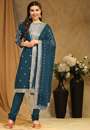 Embroidered Georgette Straight Suit in Teal Blue