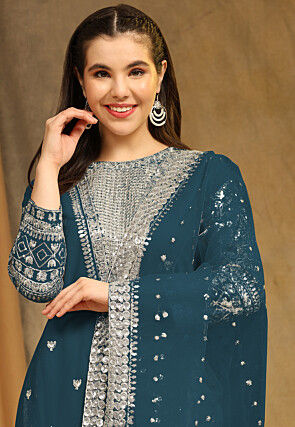 Embroidered Georgette Straight Suit in Teal Blue