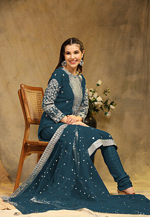Embroidered Georgette Straight Suit in Teal Blue