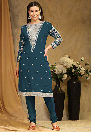 Embroidered Georgette Straight Suit in Teal Blue