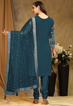 Embroidered Georgette Straight Suit in Teal Blue