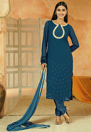 Embroidered Georgette Straight Suit in Teal Blue