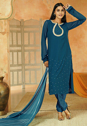 Embroidered Georgette Straight Suit in Teal Blue