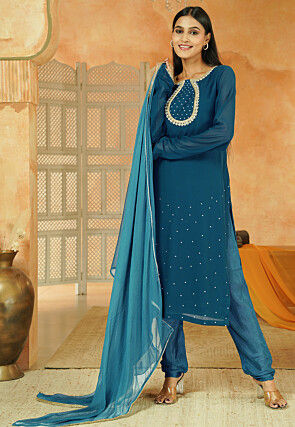 Embroidered Georgette Straight Suit in Teal Blue