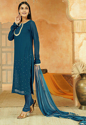 Embroidered Georgette Straight Suit in Teal Blue