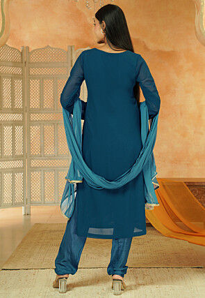 Embroidered Georgette Straight Suit in Teal Blue