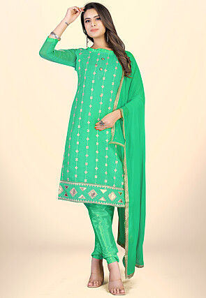 Embroidered Georgette Straight Suit in Teal Green