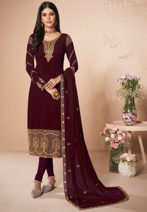 Embroidered Georgette Straight Suit in Wine