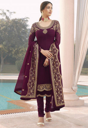 Embroidered Georgette Straight Suit in Wine