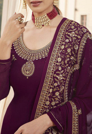 Embroidered Georgette Straight Suit in Wine