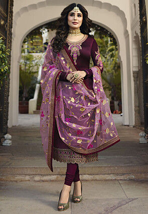 Embroidered Georgette Straight Suit in Wine