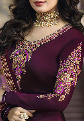 Embroidered Georgette Straight Suit in Wine