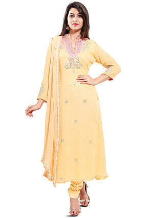 Embroidered Georgette Straight Suit in Peach