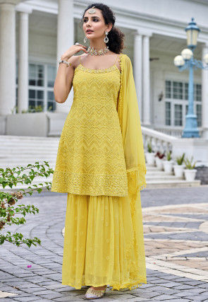 Embroidered Georgette Strappy Pakistani Suit in Yellow