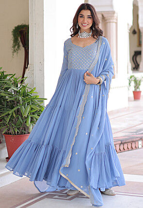 Embroidered Georgette Tiered Abaya Style Suit in Blue