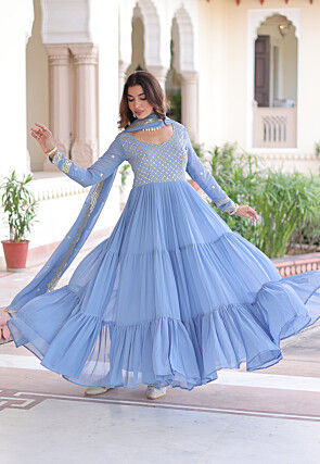 Embroidered Georgette Tiered Abaya Style Suit in Blue