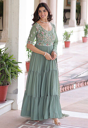 Embroidered Georgette Tiered Abaya Style Suit in Dusty Green