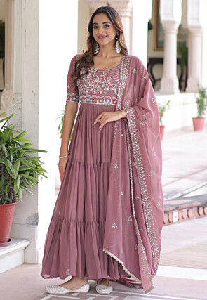 Embroidered Georgette Tiered Abaya Style Suit in Dusty Purple