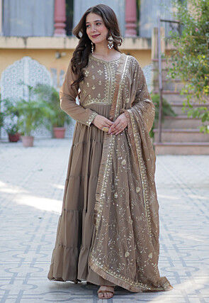 Embroidered Georgette Tiered Abaya Style Suit in Fawn