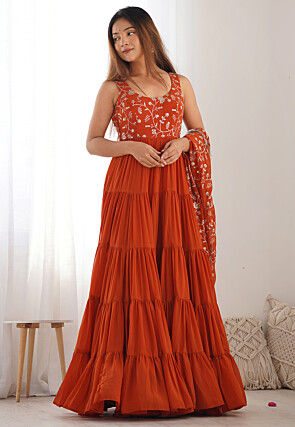 Embroidered Georgette Tiered Abaya Style Suit in Orange