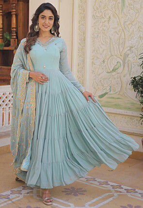 Embroidered Georgette Tiered Abaya Style Suit in Sky Blue