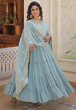 Embroidered Georgette Tiered Abaya Style Suit in Sky Blue