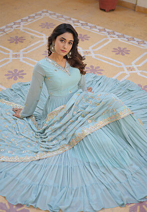 Embroidered Georgette Tiered Abaya Style Suit in Sky Blue