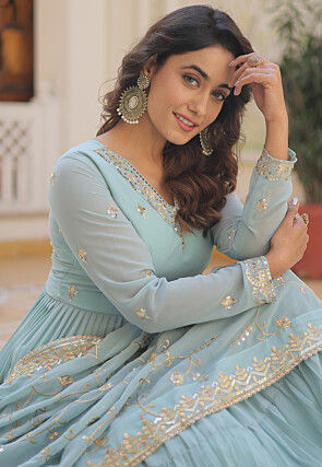 Embroidered Georgette Tiered Abaya Style Suit in Sky Blue