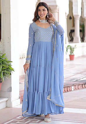 Embroidered Georgette Tiered Abaya Style Suit in Sky Blue